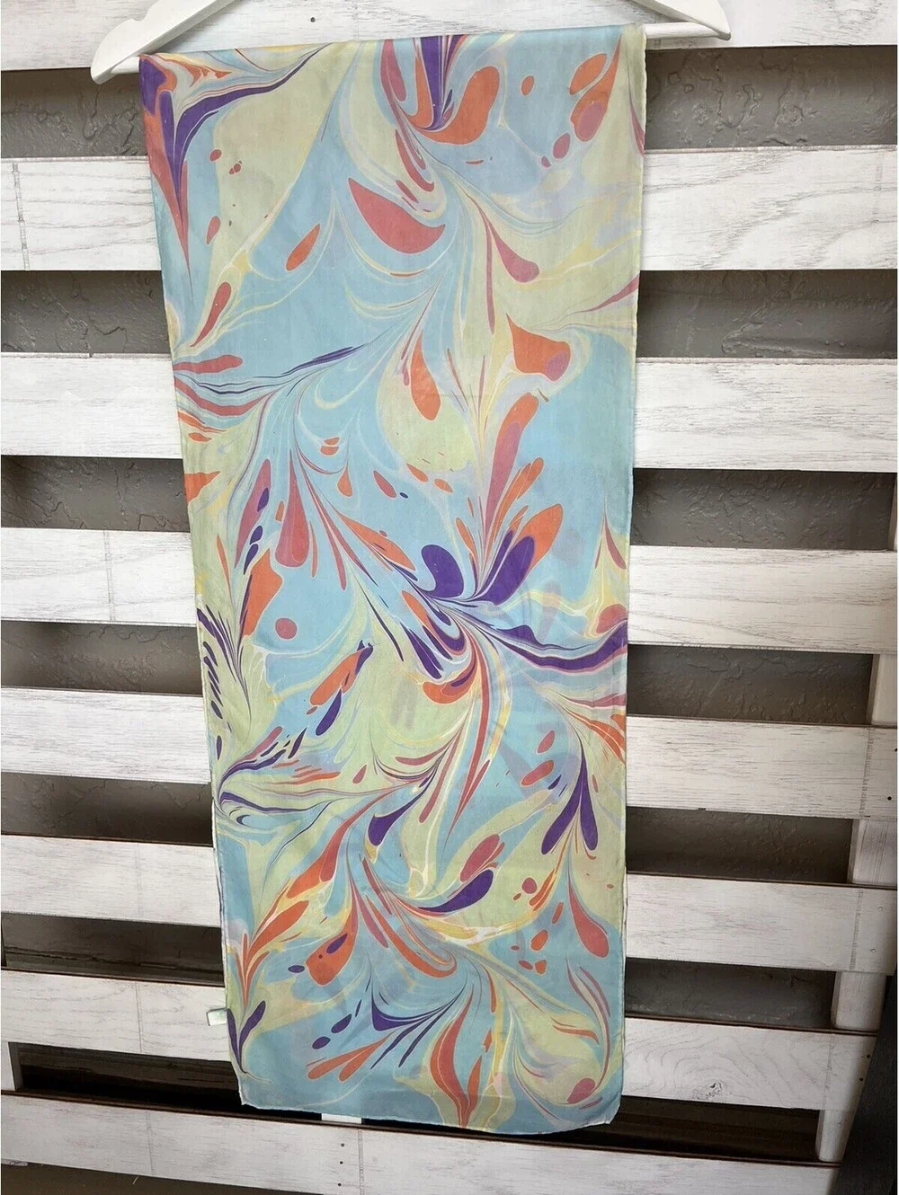 Women's Silk Rectangle Pastel Blue Orange Scarf Size 68”x14”